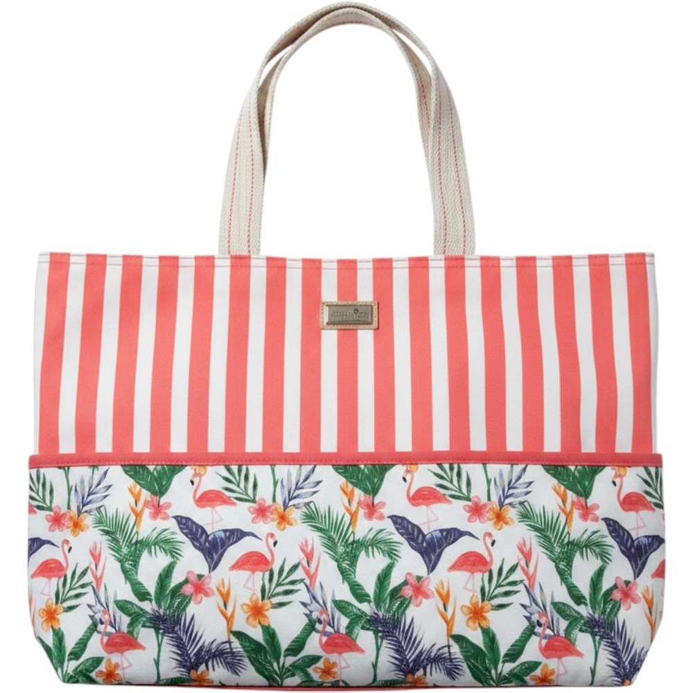 Caribbean Joe Tropical Flamingo Stripe Canvas Tote Bag Coral White Large Beach